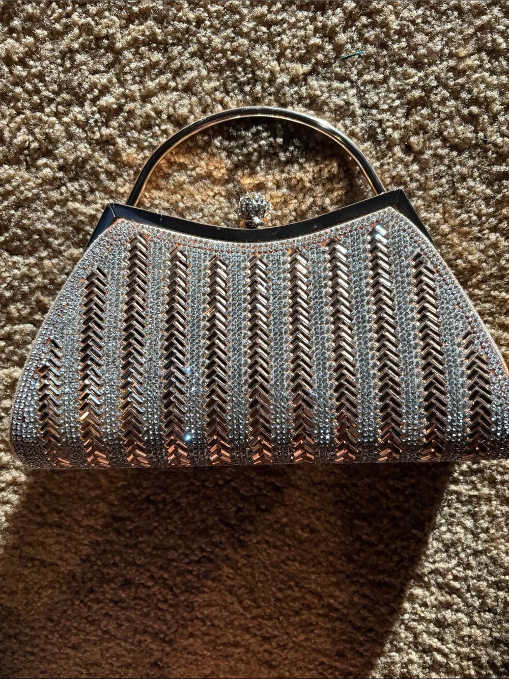 Crystal-Accented Silver Evening Clutch with Top Handle